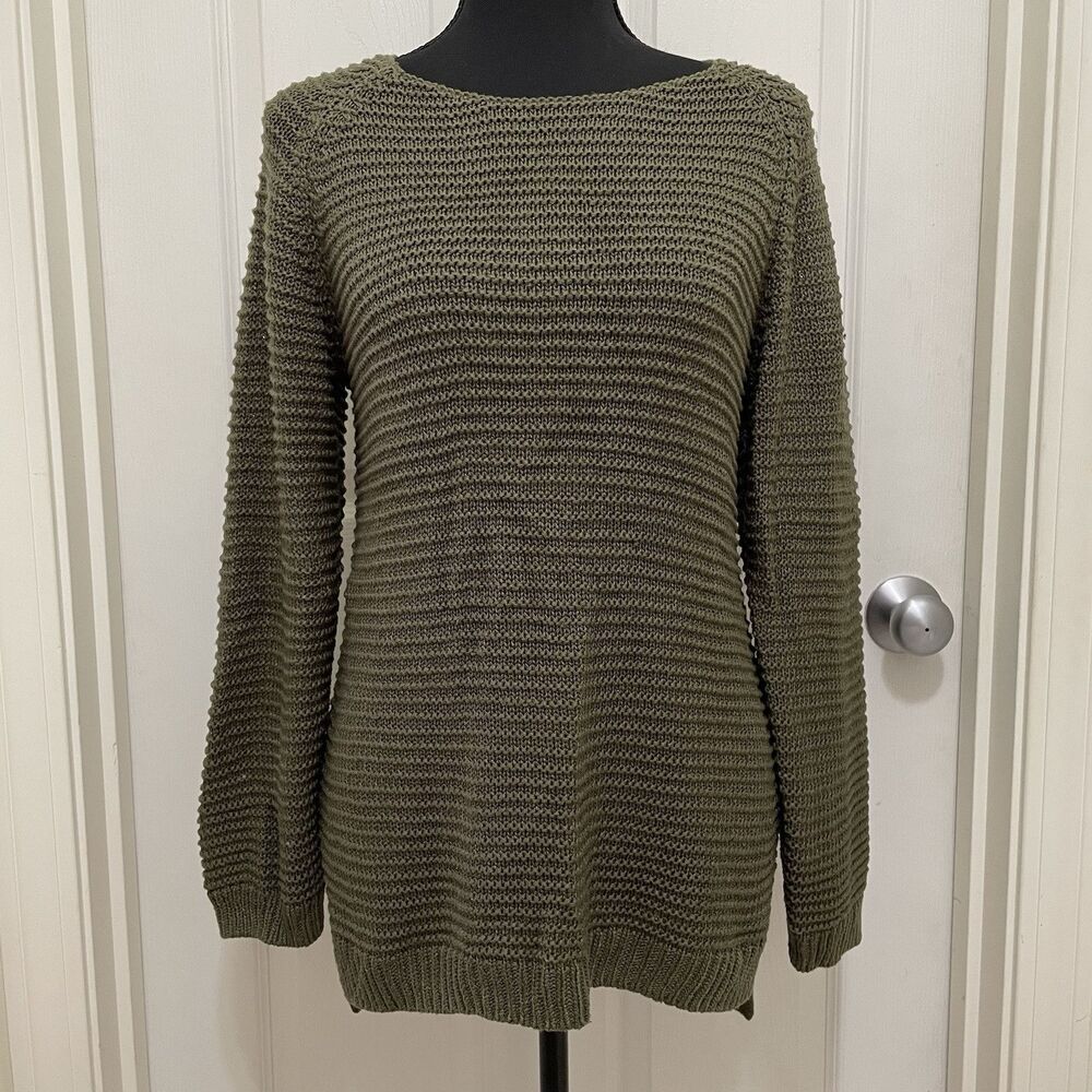 H&M‎ Knit Sweater Olive Green Pullover Boho Women's Size Small Loose Knit Back